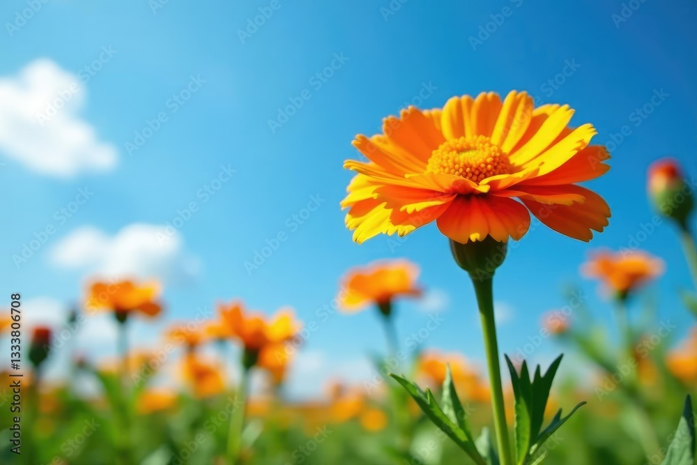 Large bright orange marigold against a blue sky, sky, natural, garden Large bright orange marigold against a blue sky, sky, natural, garden