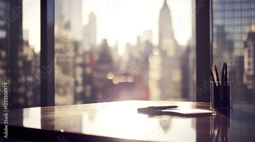 Minimalist office desk with natural light, blurred cityscape outside; simplicity and focus in a modern workspace.
