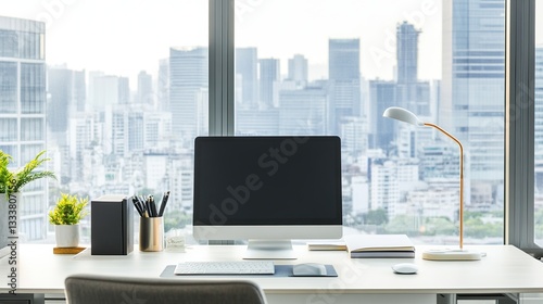 Minimalist office desk with natural light, blurred cityscape outside; simplicity and focus in a modern workspace.
