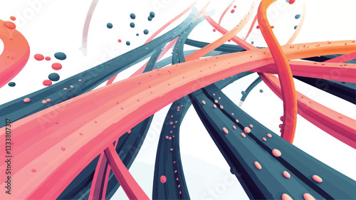 The image is a digital illustration featuring a series of thick, intertwining lines in shades of pink, orange, and teal.  The lines are curved and appear to flow dynamically across the frame.