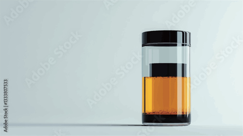 Close-up studio shot of a cylindrical glass bottle with a black lid. The bottle contains a layered beverage; a dark amber liquid at the bottom, a clear liquid in the middle, and a dark layer