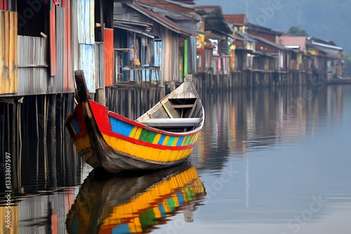 Colorful Longtail Boat Docked Near Vibrant Stilt Houses photo