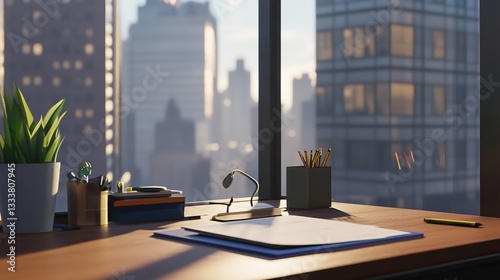 Minimalist office desk with natural light, blurred cityscape outside; simplicity and focus in a modern workspace.
