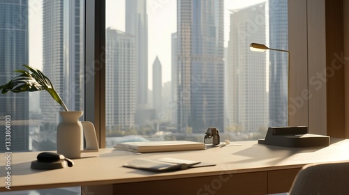 Minimalist office desk with natural light, blurred cityscape outside; simplicity and focus in a modern workspace.
