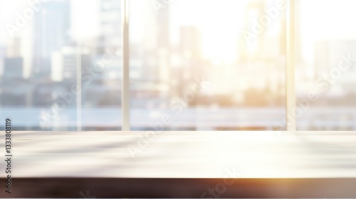 Minimalist office desk with natural light, blurred cityscape outside; simplicity and focus in a modern workspace.
