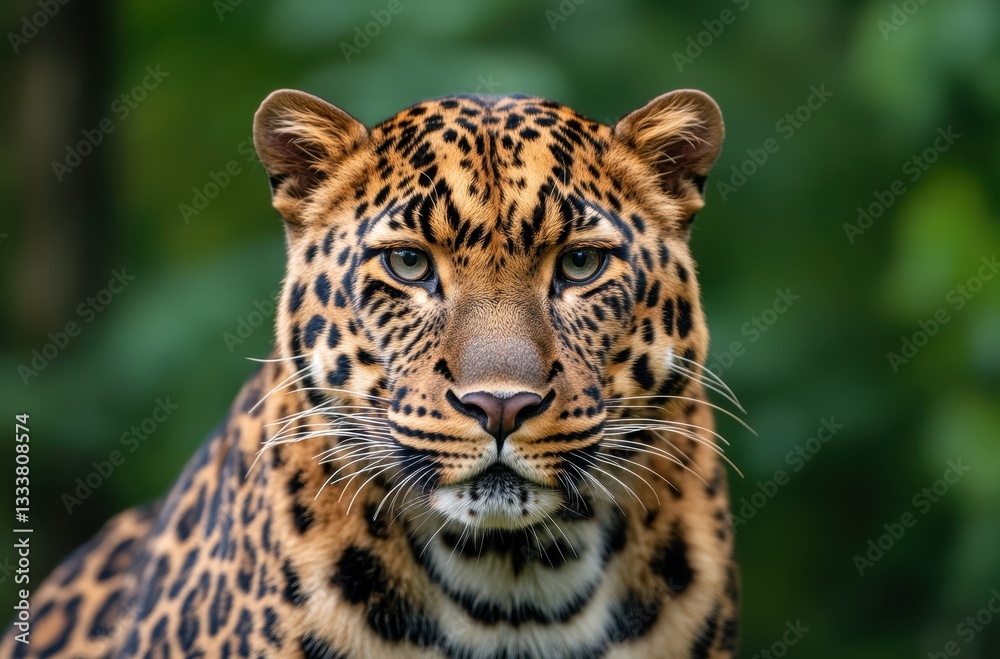 Obraz premium Majestic Close-Up of a Wild Leopard with Distinctive Spots Against a Lush Green Background in Natural Habitat