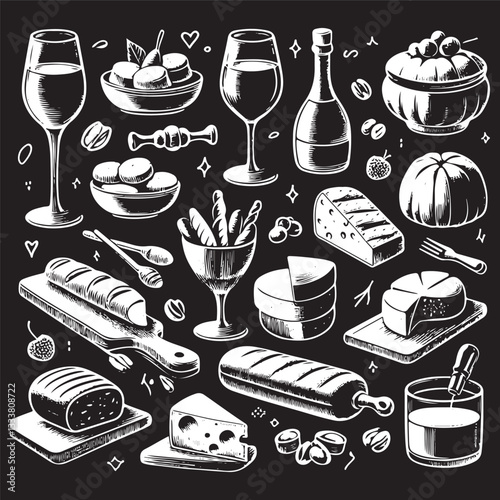 chalk food vector illustrations. wedding dinner icons, wine or champagne glass, cheese, and charcuterie drawings for wedding invitations, cafe menus, and parties vector silhouette
