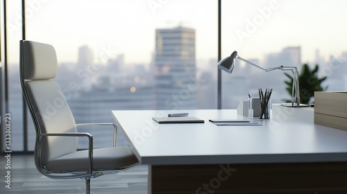 Minimalist office desk with natural light, blurred cityscape outside; simplicity and focus in a modern workspace.
