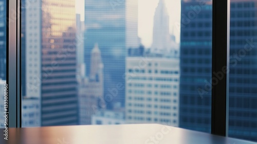 Minimalist office desk with natural light, blurred cityscape outside; simplicity and focus in a modern workspace.
