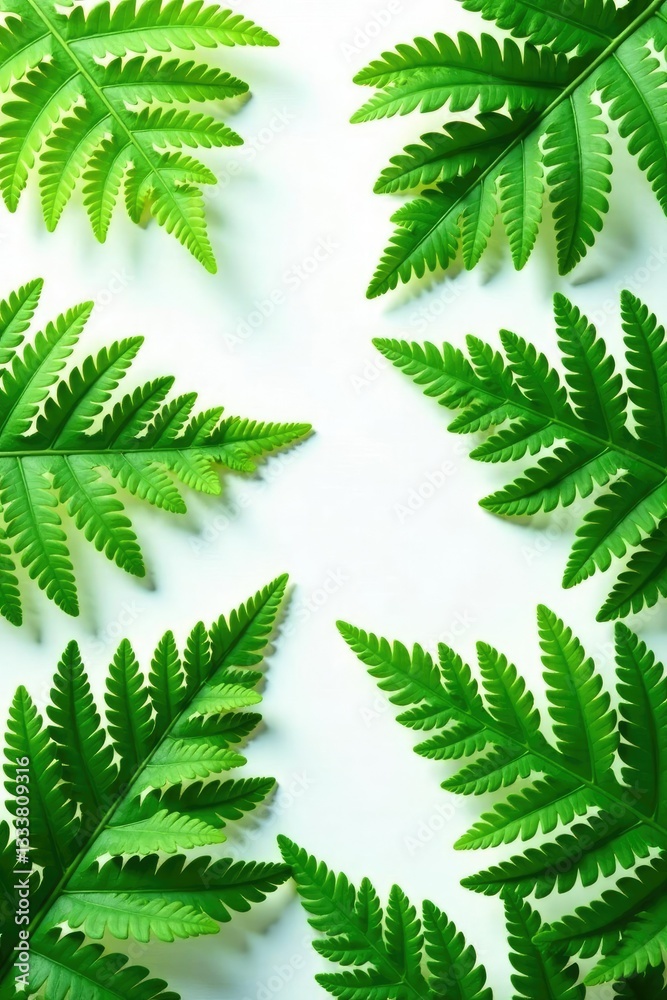 Large fern fronds spread out on white surface, isolated, leafy, green