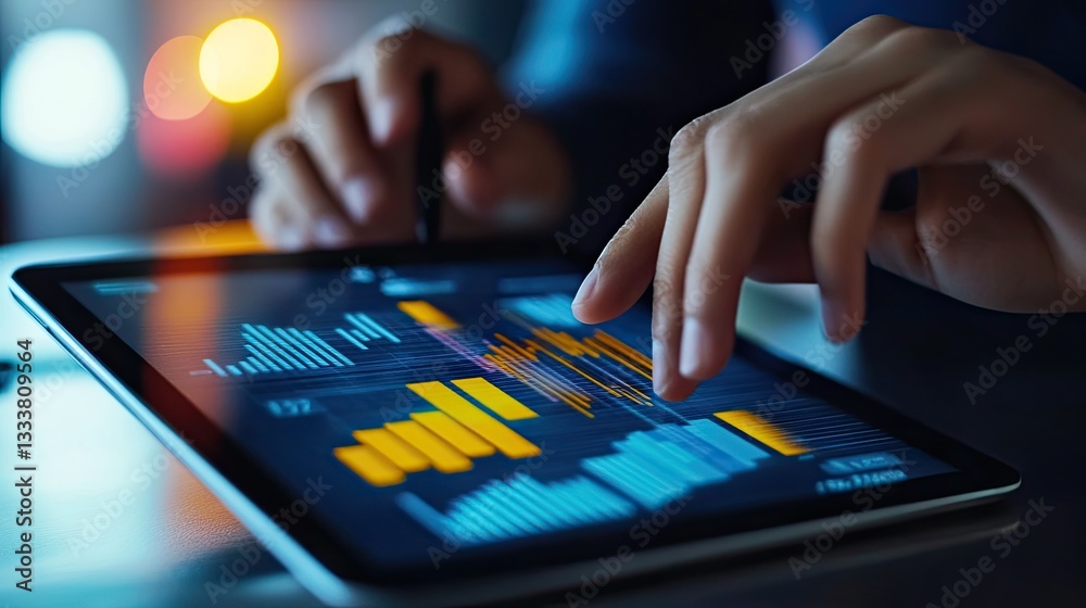Person Analyzing Data on a Tablet at Night Business Analytics Financial Charts Graphs Person Analyzing Data on a Tablet at Night Business Analytics Financial Charts Graphs