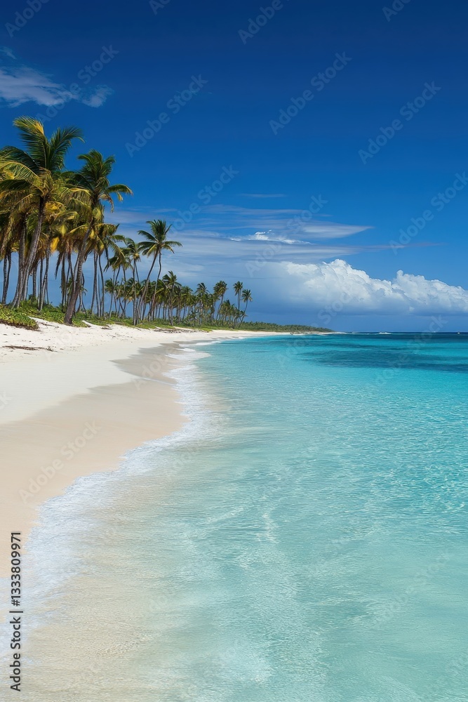 Fototapeta premium Serene Tropical Beach Paradise: Palm Trees, Azure Waters, and Pristine Sands
