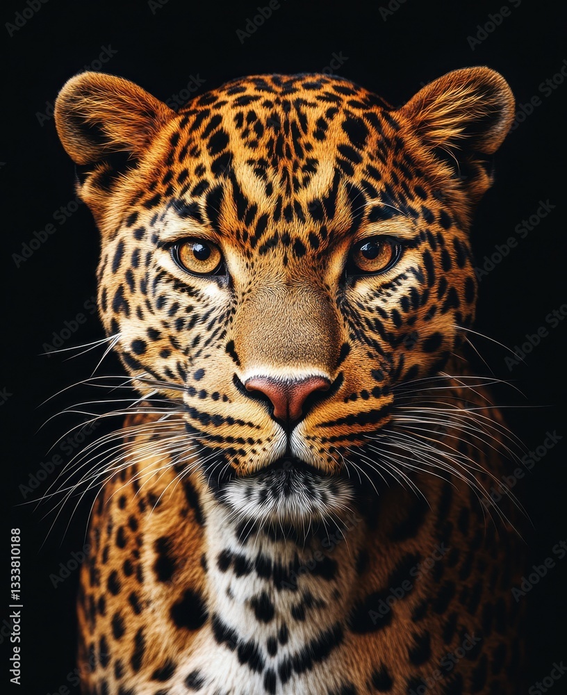 Majestic Close-Up Portrait of a Leopard with Striking Features and Intricate Patterns Set Against a Dark Background for Wildlife Photography Majestic Close-Up Portrait of a Leopard with Striking Features and Intricate Patterns Set Against a Dark Background for Wildlife Photography
