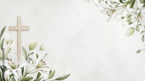 Clean, subtle design featuring a cross and white lilies on a light background, perfect for Easter Mass invitations, church bulletins, or spiritual spring-themed announcements.
