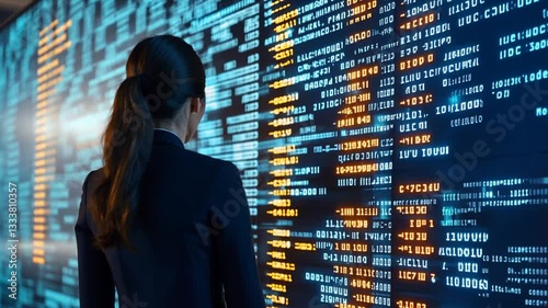 Analyzing complex algorithms, a professional woman reviews source code on a digital screen