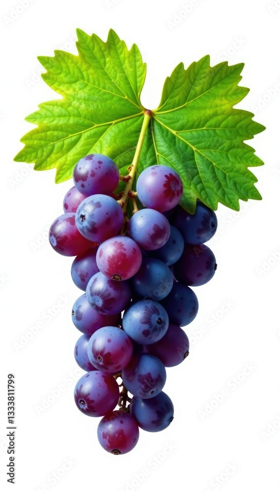 Fototapeta premium Single grapevine leaf isolated on white with grapes, green, grapevine, simple