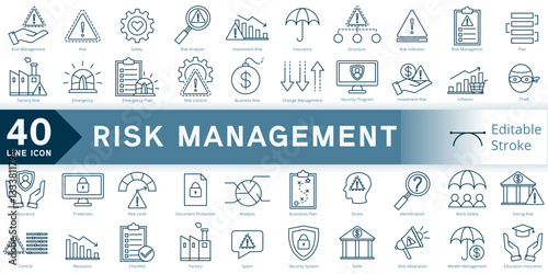 Risk management icon set editable stroke, simple line element risk management, business risk simple icon, icon line style vector image
