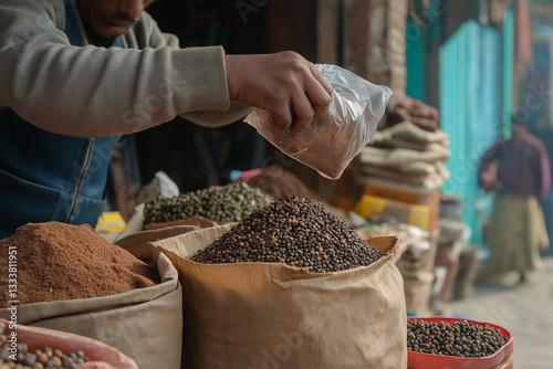 Medium shot of a vendor pouring mixed peppercorns into a paper bag for a customer at a rustic spice stall