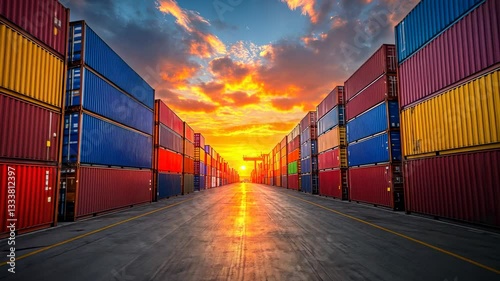 Wallpaper Mural Sunset over Shipping Containers at a Cargo Port Torontodigital.ca