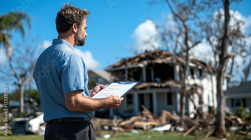 An insurance adjuster standing in front of a hurricane-damaged house, clipboard in hand, assessing the destruction of a roofless suburban home.