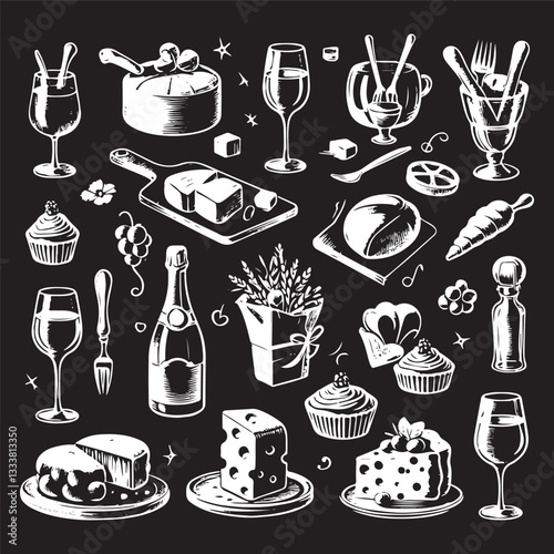 chalk food vector illustrations. wedding dinner icons, wine or champagne glass, cheese, and charcuterie drawings for wedding invitations, cafe menus, and parties vector silhouette
