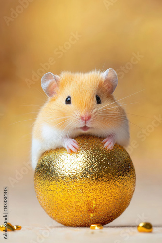 A cute golden hamster sitting on a shimmering gold ball, showcasing its adorable features and captivating charm. photo