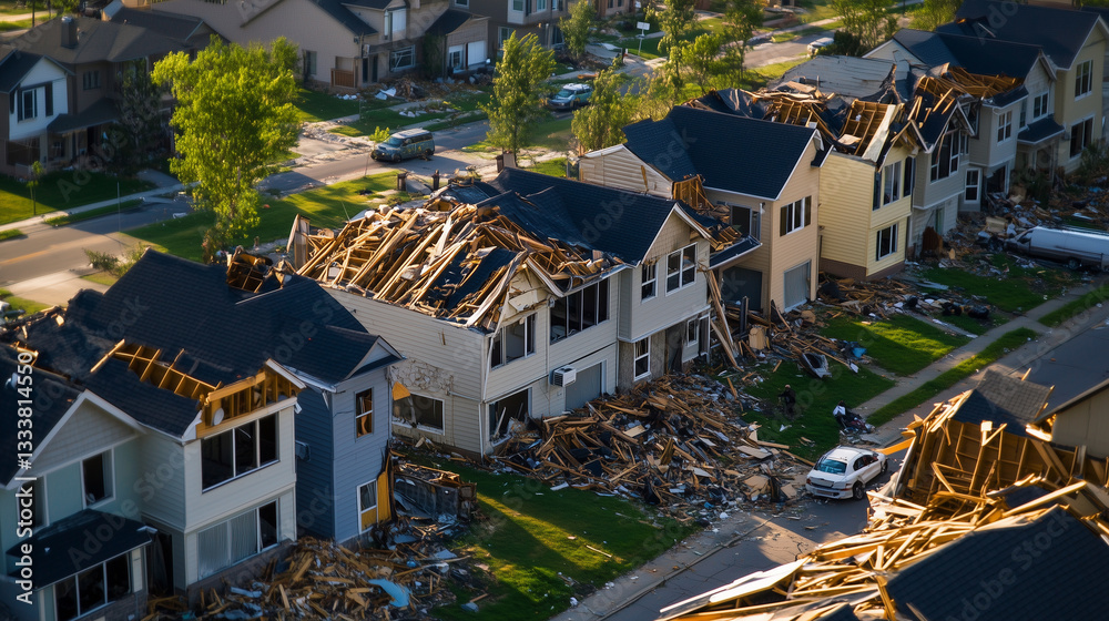 Fototapeta premium A devastated residential area with roofs torn off multiple houses, while residents inspect the wreckage, emphasizing the role of home insurance in rebuilding.