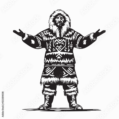 Inuit Hunter Wearing Traditional Clothes Illustration vector on white background.
