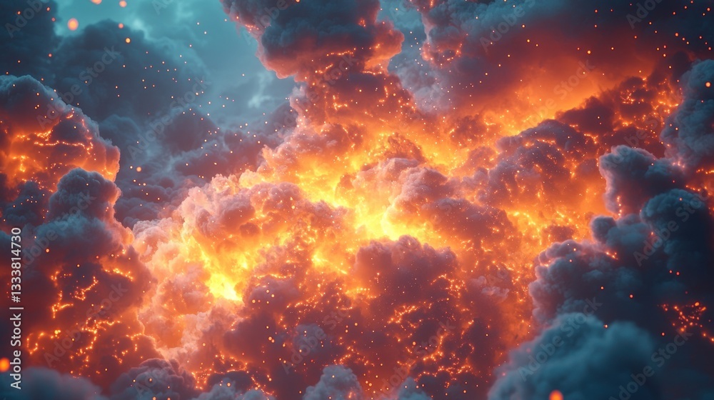 Fototapeta premium Burning clouds illuminate a celestial expanse with glowing particles