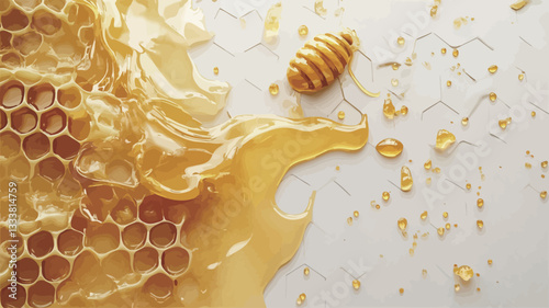 High-angle, close-up view of a section of honeycomb with golden honey dripping onto a white surface. The honey is viscous and creates irregular shapes and droplets.  The honeycomb shows detailed