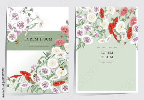  A Colorful Field of Blooming Dianthus Flowers. Vector illustration of template set in Minhwa, Korean Folk Painting Style 	