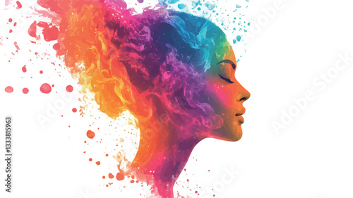 The image is a stylized, abstract portrait of a woman's face in profile.  The face is rendered in a vibrant array of rainbow colors, appearing as if painted with swirling, dynamic brushstrokes.