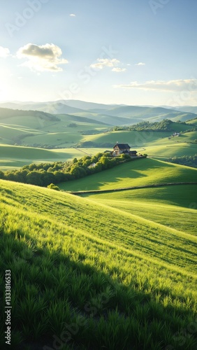 Bucolic charm and harmony of a vast plateau nestled in rolling hills of countryside, where crops sway in fields photo