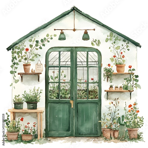 Fototapeta Naklejka Na Ścianę i Meble -  Charming Watercolor Painting of a Greenhouse Filled with Plants and Flowers. This idyllic illustration depicts a quaint potting shed perfect for gardening enthusiasts.