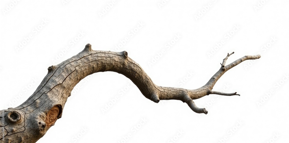 Obraz premium Single isolated branch with gnarled trunk on white background, rustic, woody