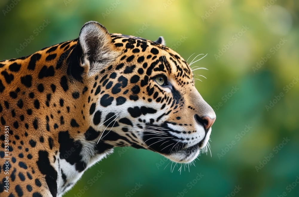 Fototapeta premium Majestic Jaguar Portrait Captured in Nature, Showcasing Striking Spots Against Lush Green Background, Symbol of Strength and Beauty in Wildlife
