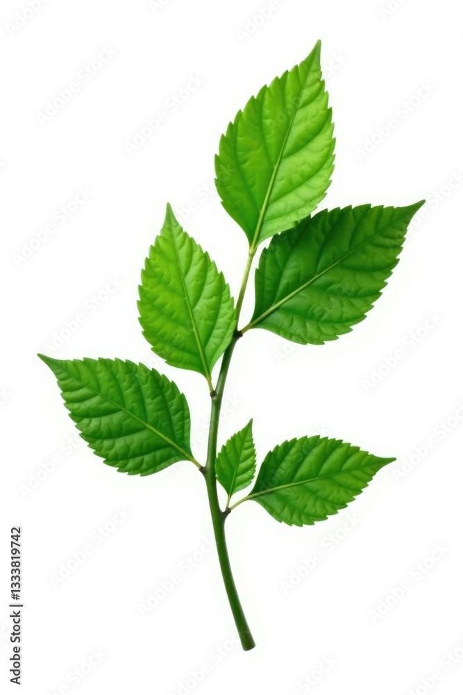 Single isolated branch with leaves on white background, green, white background Single isolated branch with leaves on white background, green, white background