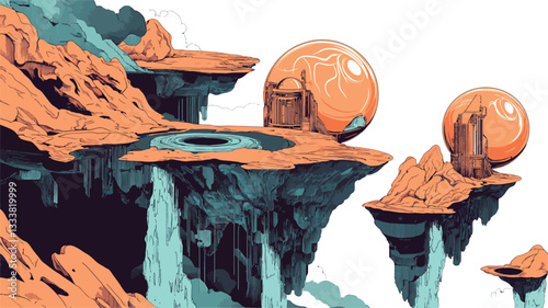 A digital illustration depicting a surreal landscape of floating islands. The islands are rendered in shades of orange, teal, and brown, with waterfalls cascading from their edges.  The islands