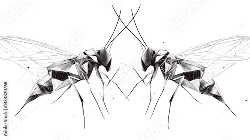 The image is a black and white illustration of two stylized wasps rendered in a geometric style. The wasps are mirror images of each other, creating a symmetrical composition.  The style is highly