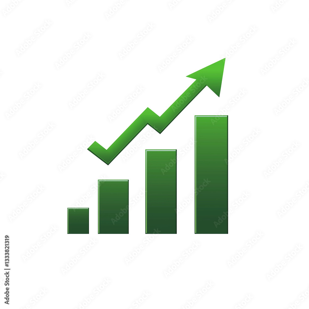 A 3D bar chart with an upward green arrow, symbolizing business growth, A 3D bar chart with an upward green arrow, symbolizing business growth,