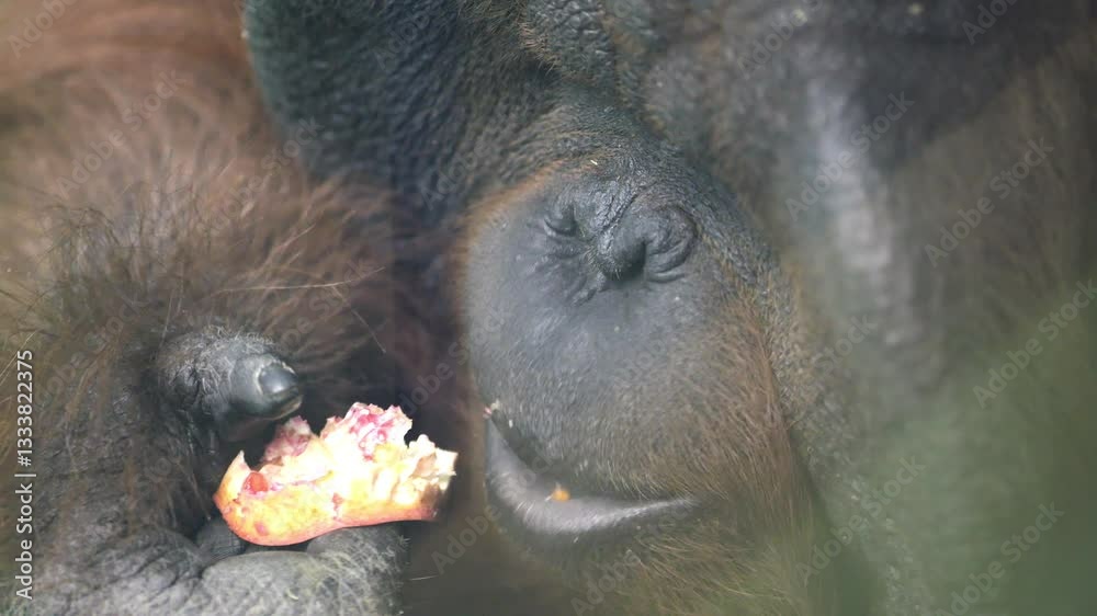 Baby orangutan is eating food. The food is red and it is being held by a person