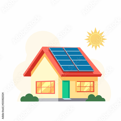 Colorful house with solar panels under bright sun, sustainable living