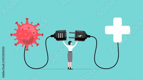 virus control, eradicate the virus with drugs or vaccines, man connect plug with virus to health symbol to get recovery concept vector illustration with flat style design