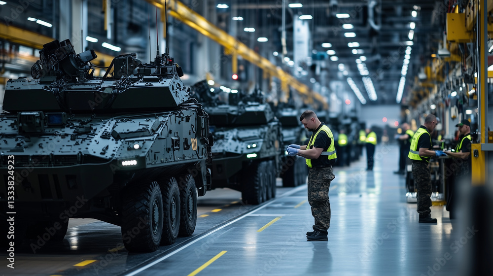 Fototapeta premium Massive armored vehicles being inspected on a production line, with workers applying final checks to the armor plating, showcasing the strength and precision of military manufactur