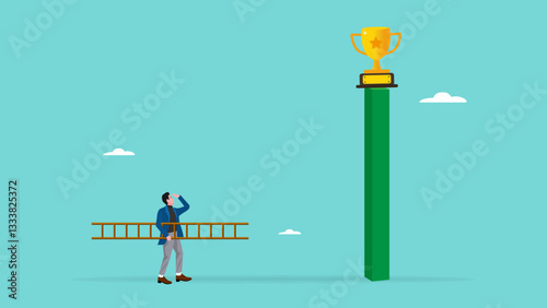 effort to win success, succeed performance or business victory, strategy or method to achieve goals, businessman carrying a ladder preparing to winning business trophy