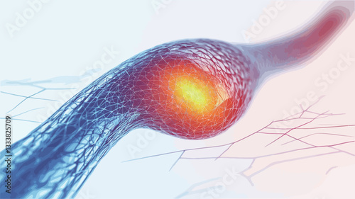 Close-up digital illustration of a nerve cell with a brightly lit, inflamed area. The nerve cell is depicted in shades of blue and red, with a central area emitting a warm, orange-yellow glow. The