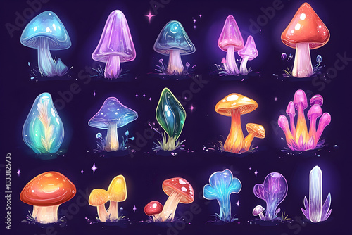 Colorful glowing mushrooms in fantasy setting.  Possible use  children's book illustration