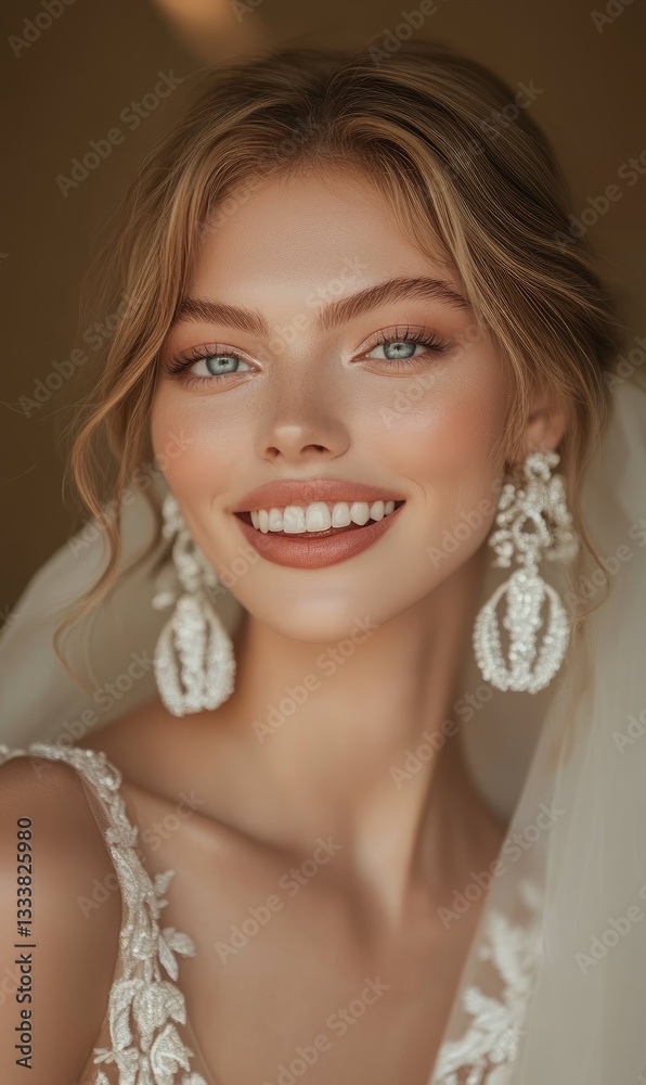 Beautiful woman, wearing large earrings, smiling, in a wedding dress, with light makeup Beautiful woman, wearing large earrings, smiling, in a wedding dress, with light makeup