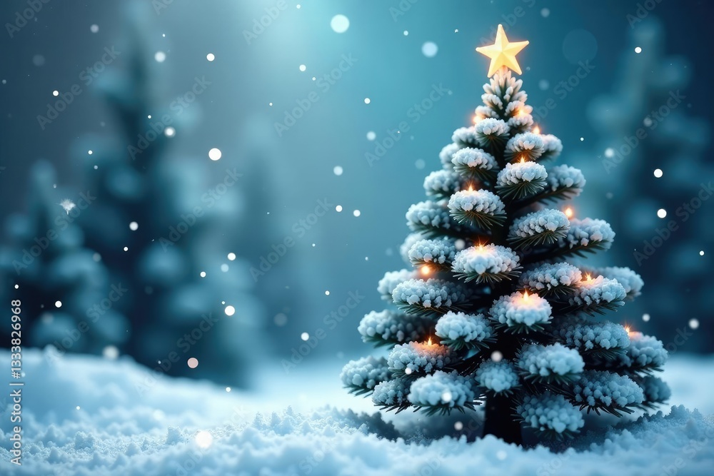 Snow-capped Christmas tree with delicate snowflakes falling around it, winter wonderland, frosty atmosphere, capped tree Snow-capped Christmas tree with delicate snowflakes falling around it, winter wonderland, frosty atmosphere, capped tree