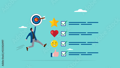 customer feedback, getting high score ratting, achieve good customer feedback, positive feedback on online ranking, user experience or client satisfaction, businessman get social feedback element goal